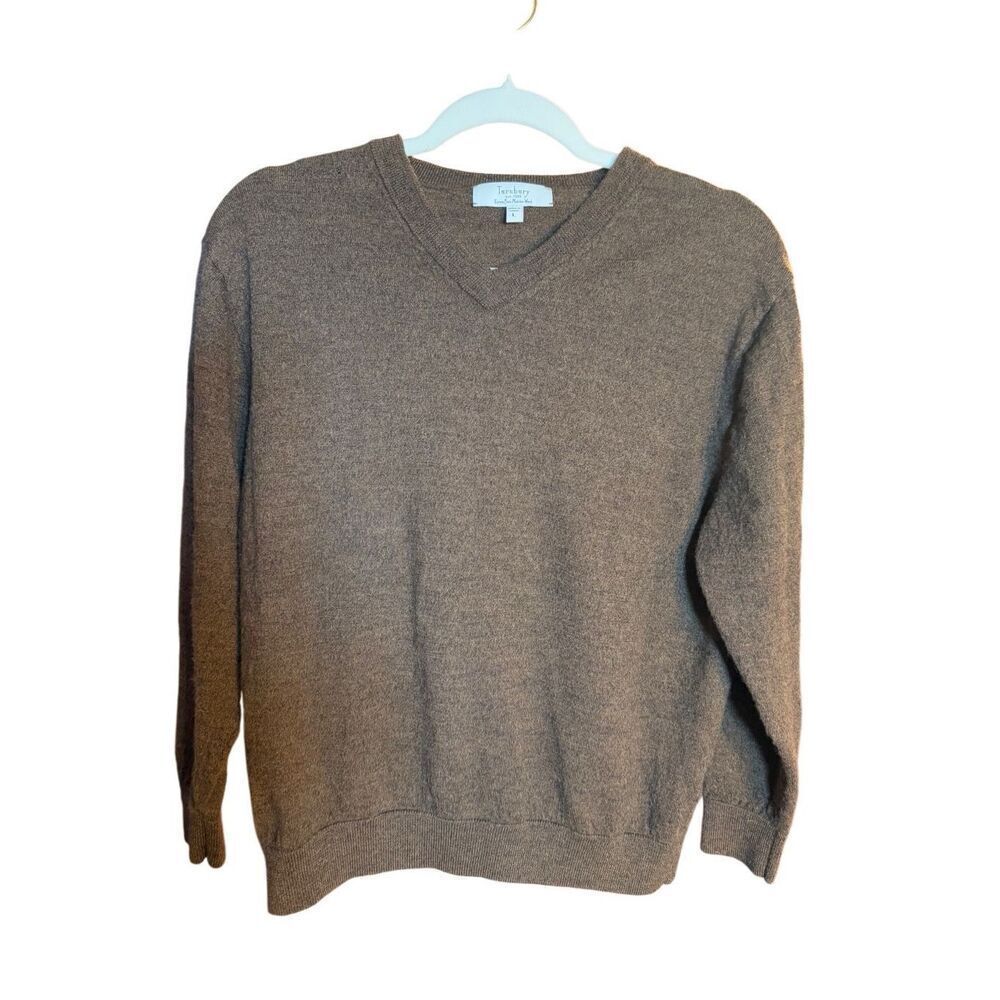 TURNBURY‎ Men’s Brown V-Neck Sweater Extra Fine Merino Wool Sz L